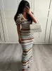 Zbza Femme Sexy Slim Wrap Knit Dr Fi u Nerk Striped Crochet Crochet Slee Dr Bohemian Holiday Sheet Dres X9SF #