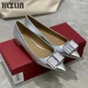 Freizeitschuhe Damen Frühling und Herbst Leder Loafer Schleife flach spitz Patent Silber Licht Mund Single