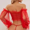 Bras Sets Valentine's Day Sexy See-through Erotic Lingerie Set Lace Gauze Metal Chain Off Shoulder Sensual Bra Intimate Thong Outfit