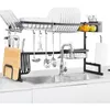 Égouttoir à vaisselle de rangement de cuisine, grand égouttoir réglable à 2 niveaux en acier inoxydable pour organisateur de comptoir avec 5 crochets utilitaires - Noir