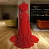 Jedno ramię czerwone cekinowe formalne sukienki wieczorowe z długim rękawem rozdzielają Ruched Prom Party Suknia Vestido de Fiesta