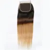Mänskligt hår wefts med stängning 1b 4 27 honung blond ombre brasiliansk rak väver tre tonfärgade 4x4 front spets droppleverans pro otbk1