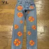 Flame Kapok tryckt denim Pants Man Woman Blue Wed Retro Straight Jeans Hip Hop Street Spring Unisex Loose Cargo byxor Ny F2J8#