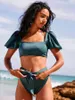 Women's Swimwear Puff Sleeve Tie Spli Bikini Square Neck Beachwear 2024 Fashion Women Summer Solid Color Swimsuit Vacation Sexy /