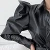 Lautaro Otoño Largo Suave Negro Camisa de cuero de imitación Vestido Cinturón Puff Manga Botones Elegantes Vestidos elegantes de lujo para mujeres 240329