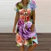 Casual Jurken Zomer Damesjurk Voor Vintage 3D Bloemenprint A-lijn Korte Mouw V-hals Oversized Dameskleding Zonnejurk vestidos