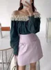 Camicette da donna Nomikuma Coreano Chic Primavera Retro Patchwork con spalle scoperte Camicia di jeans lavati a fiori Camicetta a maniche lunghe alla moda