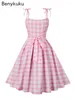 Casual Dresses Sweet Knot Strap Vintage Party Summer 2024 Pink And White Plaid Pleated Elegant Evening Pinup Women Dress Robe Femme