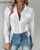 Blouses Femmes 2024 Femmes Chic Solide Col Rabattu Manches Longues Bouton Cris Cross Lace Up Casual Tops Blancs