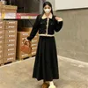 Vestido de dos piezas Conjunto de estilo retro de Hong Kong Mujer Otoño e invierno Tallas grandes Abrigo de lana corto elegante Tirantes de una línea Falda larga de dos piezas