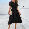 Women Spring Summer Pure Color Sexy Smocking Hollow Dress