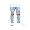 Jeans masculinos mens 2 cores casual joelho buraco zíper design elástico cintura lápis fino ajuste elegante estilo vento urbano legal gota entregar dh6cii