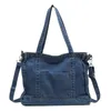 Джинсовая синяя женская сумка большой емкости, однотонная женская сумка через плечо, сумки для покупок в стиле ретро, сумки для девочек-студентов YFA2175