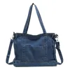 Sac à bandoulière en Denim bleu pour femmes, grande capacité, couleur unie, fourre-tout, sacs de Shopping rétro pour filles d'université, YFA2175