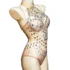 shining Diamds Nude Mesh See Through Bodysuits Stretch Sleevel Halter Leotard Nightclub Singer Dancer Show Stage Wear k6fU#