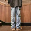 Pantalones vaqueros para hombres Kpop Hip Hop pantalones vaqueros masculinos pantalones con letras estéticas rectas apiladas estilo coreano Fi Cott Retro holgado O75N #