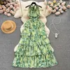 Abiti casual Verde Tie Dye Chiffon Cascata Ruffles Maxi vestito per le donne Sexy Halter Bandage Backless Print Beach Cake Summer Long