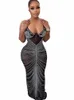 Beyprern Великолепная черная сетка Rhineste на косточках Русалка платье Летние женщины Sheer Mesh Crystal Party Dr Знаменитости Наряды I3np #