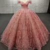 Robe de princesse rose Quinceanera, robe de bal, épaules dénudées, en dentelle, en tulle, bouffante, robe de bal d'anniversaire, douce 16 ans