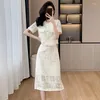 Work Dresses Summer Lace Skirt Sets Women's Short Sleeve Shirt With Bodycon Two Piece Set Outfits Female Conjuntos De Saia Coreano