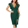 Casual Dresses Summer Women's Dress Cocktail Wrap Hip Deep V Neck Ruffle Sleeve Ruched Party Formal Sexy For Women Vestidos