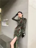 cheerart Vintage Green Floral Bodyc Chegsam Dr Lg Sleeve Midi Ladies High Slit Qipao Dres Womens Fi Clothes n7C7#