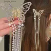 Hårklipp elegant kvinnlig fjäril Pearl Tassel Hair Claw Rhinestone Clip Korean Simple Shark Ponytail Crab Clip Girls Hair Accessories Y240329
