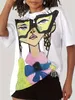 plus Size Extra Lg Lg T-Shirt Women Carto Glasses Girl Plus Size Ladies Micro Stretch T-Shirt Ladies Street Tops Q8vu#