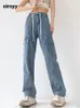 Calças de brim femininas circyy calças de carga mulheres cintura alta 2024 cordão comprimento total azul calças streetwear vintage bolsos retos