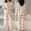 Damen-Nachtwäsche, Damen-Pyjama-Set, weiches Lounge-Outfit, gemütlicher Cartoon-Druck, Winter mit einreihigem V-Ausschnitt, elastisch für Kälte