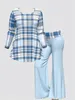Kadın Ekose Eşleştirme Seti Parlama Pantolon ve Yuvarlak Boyun Tişört İki Parçalı Setler Bahar Gündelik Yumuşak Sportif Fi Plus Boyut Kıyafetleri X2IC#