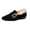 Casual Shoes Slip On Woman Warm Natural Suede Flat For Women Buckle Mules Size 41 Fluffy Fur Flats Simple Loafers