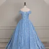 Noite Dr mangas curtas lantejoulas vestido de baile barco pescoço simples rendas até o chão céu azul festa formal dres mulher c2XH #