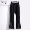 Pearl Pearl Studded Rhineste Flare Ninth Dżinsy 7xl Women Street Street High talia szerokia noga Trąbowa Trąbowa Trąbowa Podział Demin Pantny Pant 78z9#