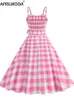 Casual Dresses Pink Plaid Women Vintage Swing Dress Retro Rockabilly Strap Suspenders Cocktail Party 1950s 40s Pinup Summer