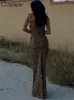 Cutenew feminino leopardo impresso maxi dr elegante cinta de espaguete backl rendas robe magro retro dres vestidos novo 2023 q01k #
