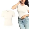 T-shirts pour femmes Femmes Summer Col rond à manches courtes T-shirt court de base Couleur unie Stretch Ajusté Pull serré Entraînement Crop Top