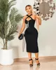 Casual Dresses High Quality Sexy Black Slip Sparkly Tassel Bodycon Rayon Bandage Mid-calf Dress Elegant Night Club Party Vestido