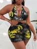 Kadın Mayo Büyük Boy Baskı Bikini Seti 2024 İki Parçalı Gazlı Geyz Etek Mayo Kadınlar Seksi Hollow Out Push Up Backless Plaj Maması Takım