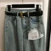 Pantalones vaqueros rasgados a la moda para mujer, pantalones vaqueros con cinturón de cintura alta, pantalones de pierna ancha holgados de diseñador, pantalones vaqueros con letras de taladro prensado