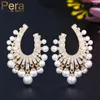 Dangle Earrings Pera Famous Design White Pearl Cubic Zirconia Yellow Gold Color Long Drop For Bridal Wedding Party Jewelry E546