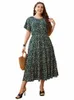 gibsie Plus Size Ditsy Floral O-cou Ruffle Hem Dr Femmes Vacances Boho Été Manches courtes Élastique A-ligne Casual Lg Dres l8TE #