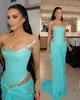 stunning Blue Prom Dres Beaded Crystals Women Evening Gowns Red Carpet Strapl Ruffles Chiff Celebrity Formal Party Dr 02Mr#