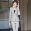 Calças femininas de duas peças elegante fino único botão xadrez blazer e calças 2 conjunto para desgaste de trabalho senhoras rosa verde damasco azul calça terno