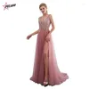 Sıradan Elbiseler Pulabo Beading Prom Long V Boyun açık gri yüksek bölünmüş tül süpürme tren kolsuz gece elbisesi A-line sırtsız vestido de