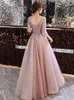 Pink Evening Dres med LG-ärmar 2021 Eleganta V-hals Applices A-Line golvlängd Kvinnor Formella klänningar M84M#