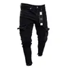 Mens Stretch Jeans Black Big Side Pockets last Jeans FI dragkedja Small Foot Denim Pants Elastic Jogging Byxor Streetwear K70Q#