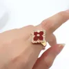 Natural Shell Clover Luxury Designer Bang Rings for Women With Shining Bling Crystal Lucky 18K Gold Open Love Ring Jewelry2452