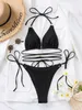 Women's Swimwear 2023 Solid Color Snake Cloth Lace Up Swimsuit Female Swimwear Women Bikini Set Bather Swimming Beachwear for Bathing Suit T240328