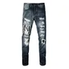 lettera ricamata con foro strappato patch jeans uomo slim piedi piccoli pantaloni in denim streetwear pantaloni jeans hip-hop 05jC #